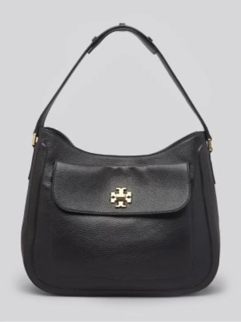 Tory Burch Black Pebbled Leather Shoulder Bag with Gold Logo